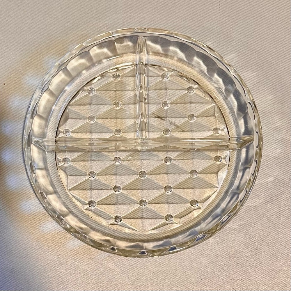 Vintage Depression Glass Clear Pressed Glass Diamond Divided Serving Dish-6”D